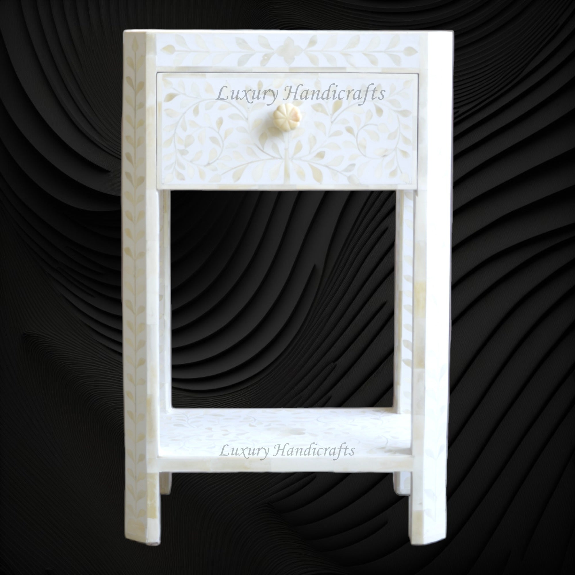 Bone Inlay Edge Floral Bedside White