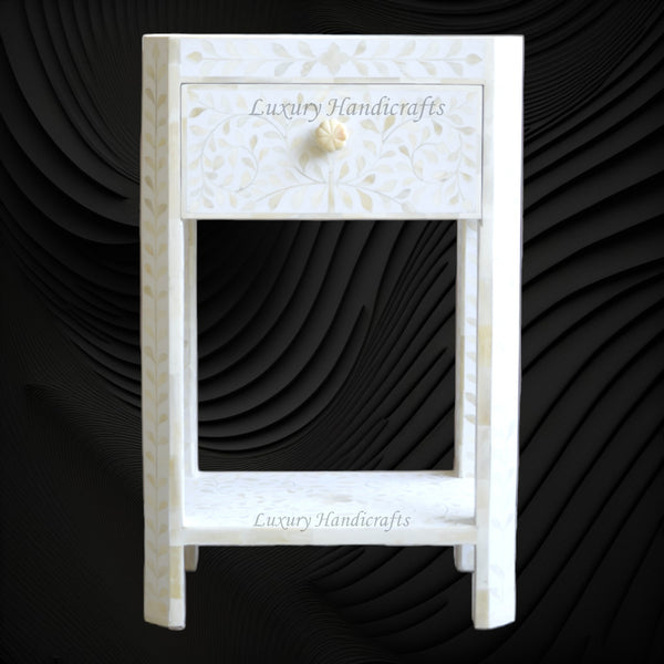 Bone Inlay Edge Floral Bedside White