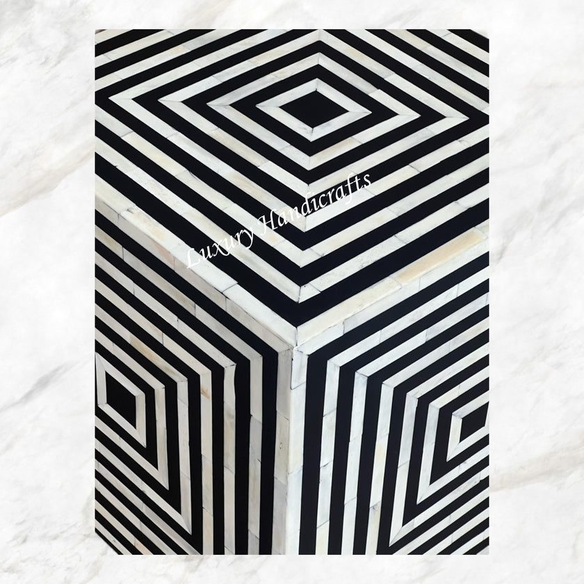 Bone Inlay Stripe Cube Side Table Black luxuryhandicrafts