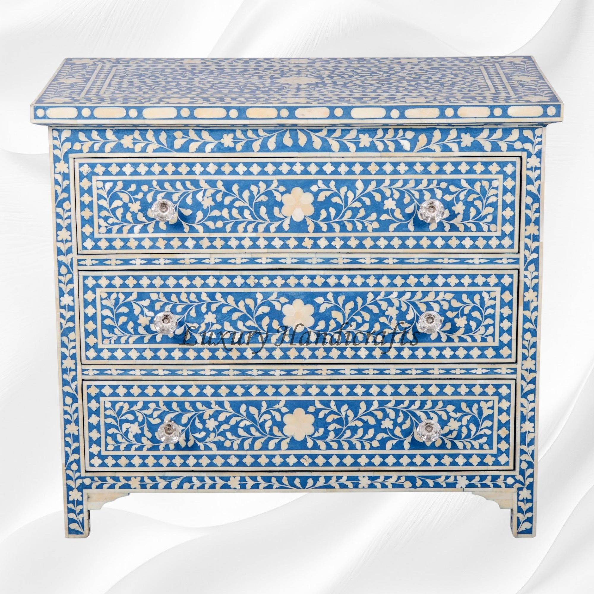 Bone Inlay Floral 3 Drawer Chest Blue