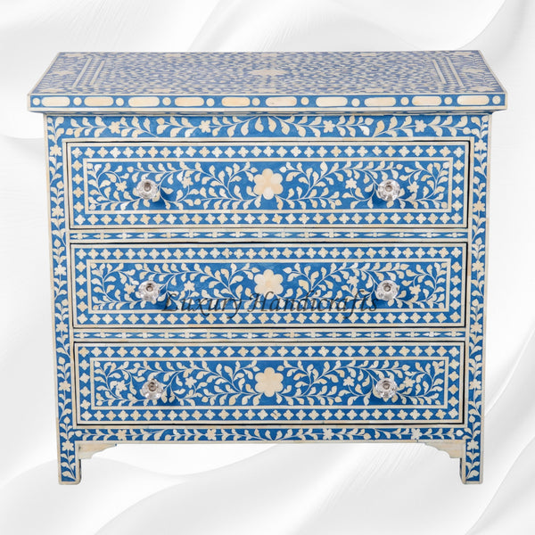 Bone Inlay Floral 3 Drawer Chest Blue