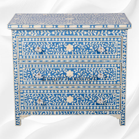 Bone Inlay Floral 3 Drawer Chest Blue