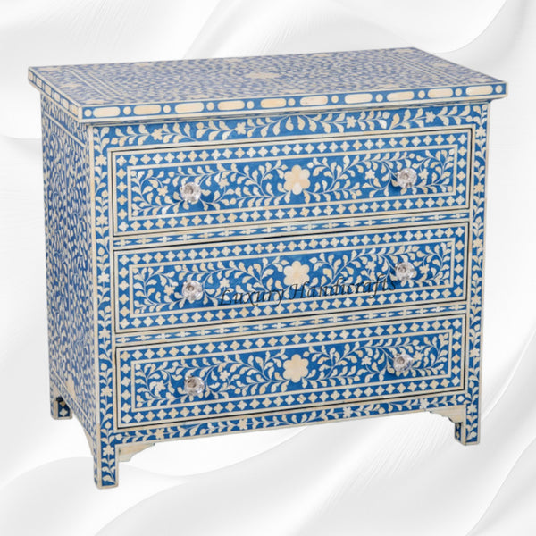 Bone Inlay Floral 3 Drawer Chest Blue