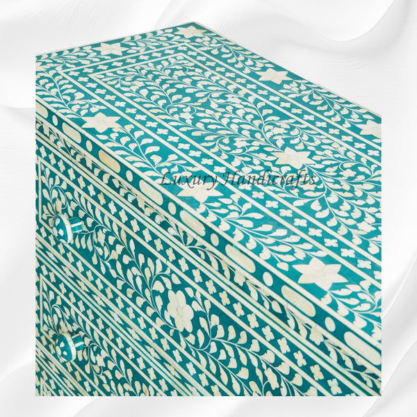 Bone Inlay Floral 3 Drawer Chest Teal Green