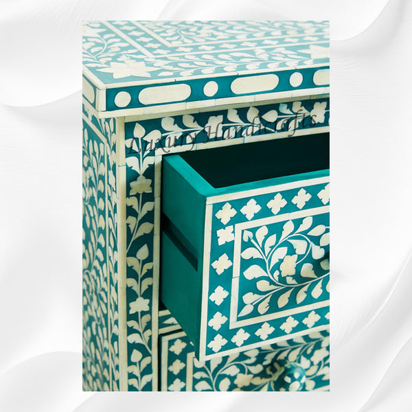 Bone Inlay Floral 3 Drawer Chest Teal Green