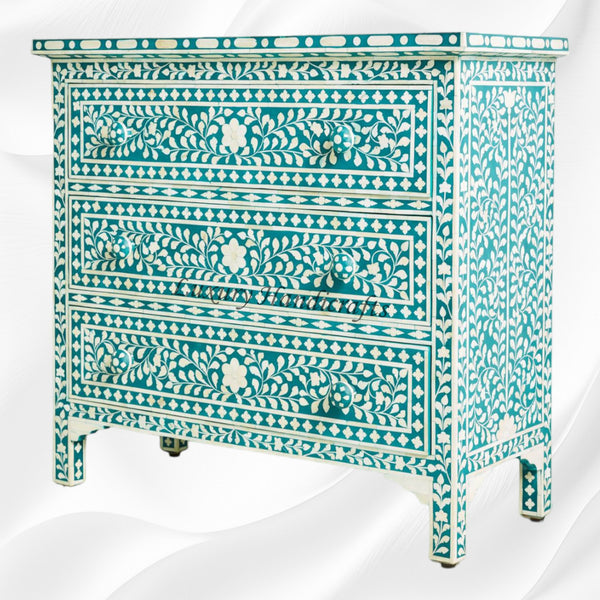 Bone Inlay Floral 3 Drawer Chest Teal Green