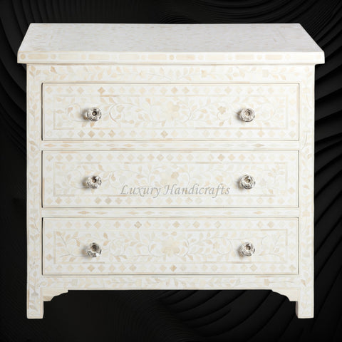 Bone Inlay Floral 3 Drawer Chest White