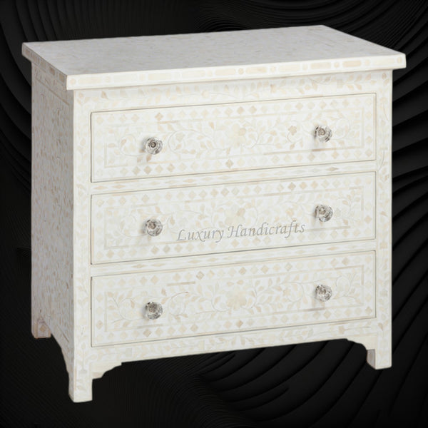 Bone Inlay Floral 3 Drawer Chest White