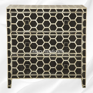 Bone Inlay Chest of 3 Drawer Honeycomb Black
