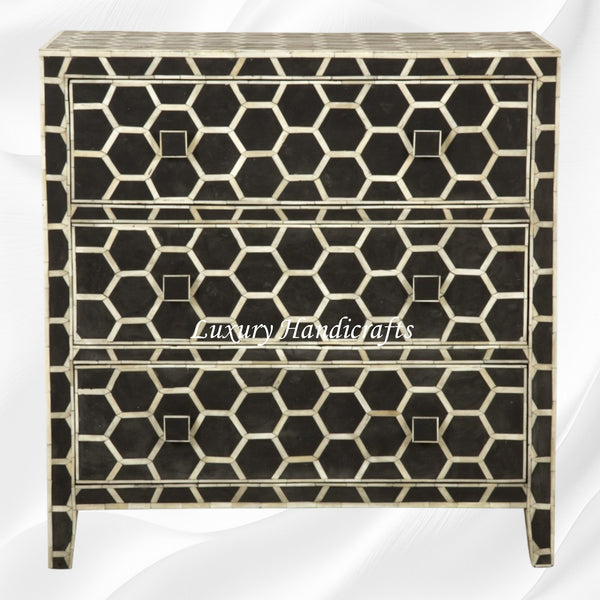 Bone Inlay Chest of 3 Drawer Honeycomb Black