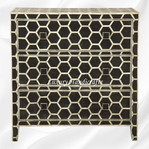 Bone Inlay Chest of 3 Drawer Honeycomb Black