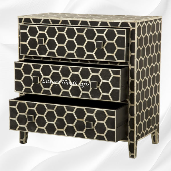 Bone Inlay Chest of 3 Drawer Honeycomb Black