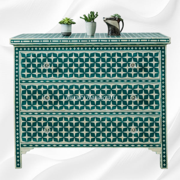 Bone Inlay Chest of 3 Drawers Star Design Green