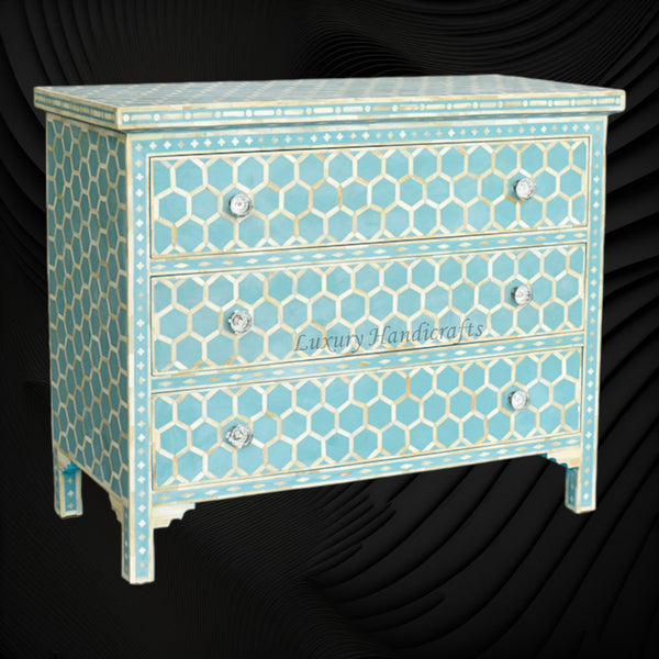 Bone Inlay Three Drawer Dresser Honeycomb Turquoise