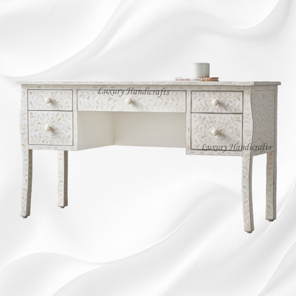 Bone Inlay Curved 5 Drawer Floral Desk White
