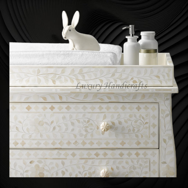 Bone Inlay Curved 3 Drawer Floral Dresser White with Topper