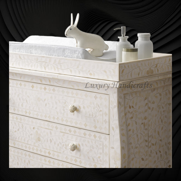 Bone Inlay Curved 3 Drawer Floral Dresser White with Topper