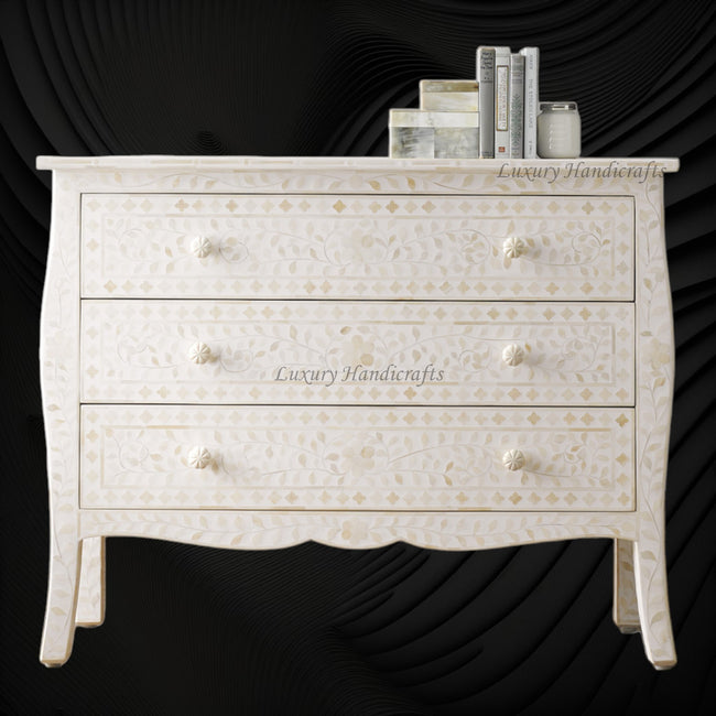 Bone Inlay Curved 3 Drawer Floral Dresser White 1