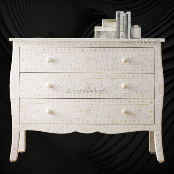 Bone Inlay Curved 3 Drawer Floral Dresser White with Topper