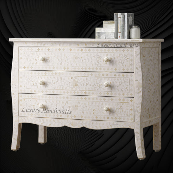 Bone Inlay Curved 3 Drawer Floral Dresser White with Topper