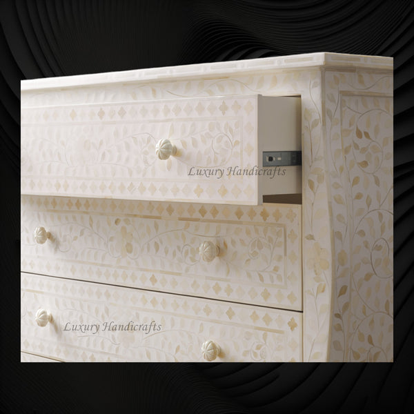 Bone Inlay Curved 3 Drawer Floral Dresser White with Topper