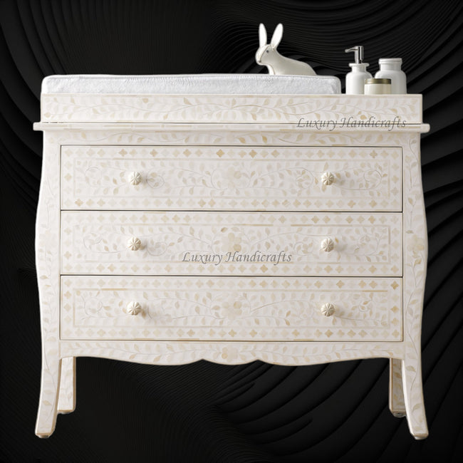 Bone Inlay Curved 3 Drawer Floral Dresser White with Topper 1