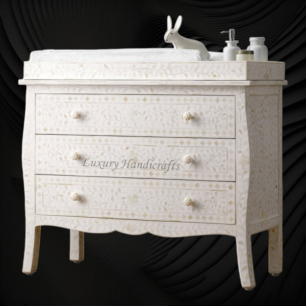Bone Inlay Curved 3 Drawer Floral Dresser White with Topper