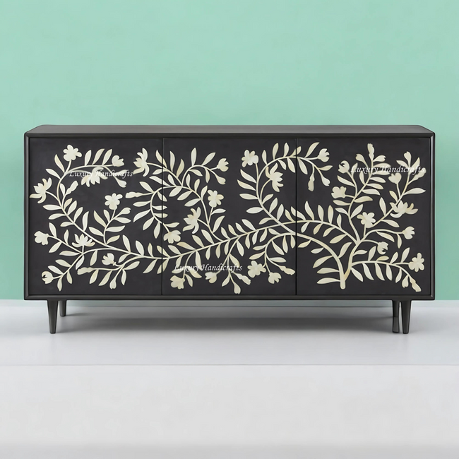 Bone Flower Media Console Black Finish | Bone Inlay Entertainment Unit