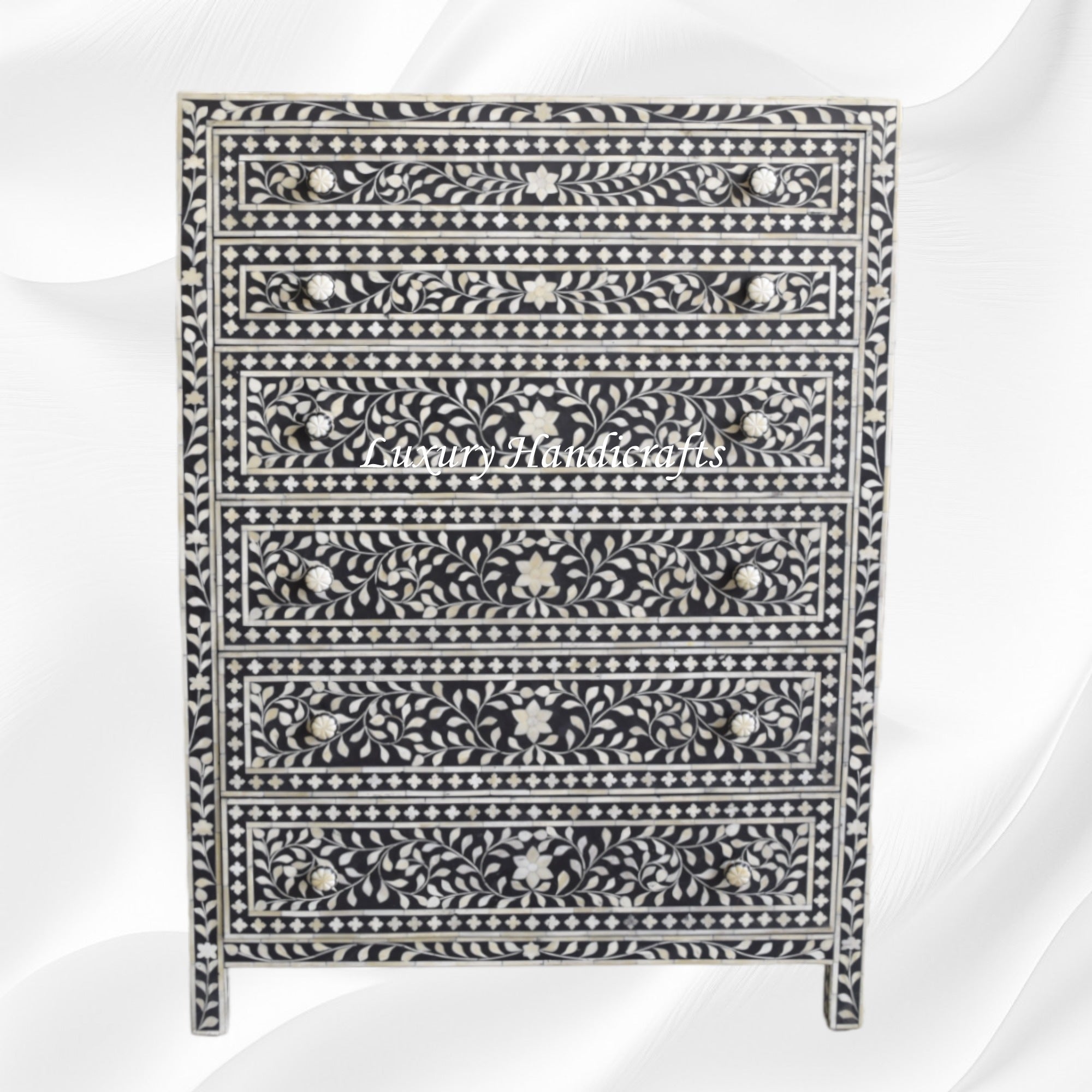 Bone Inlay 6 Drawer Chest Floral Design Black 1