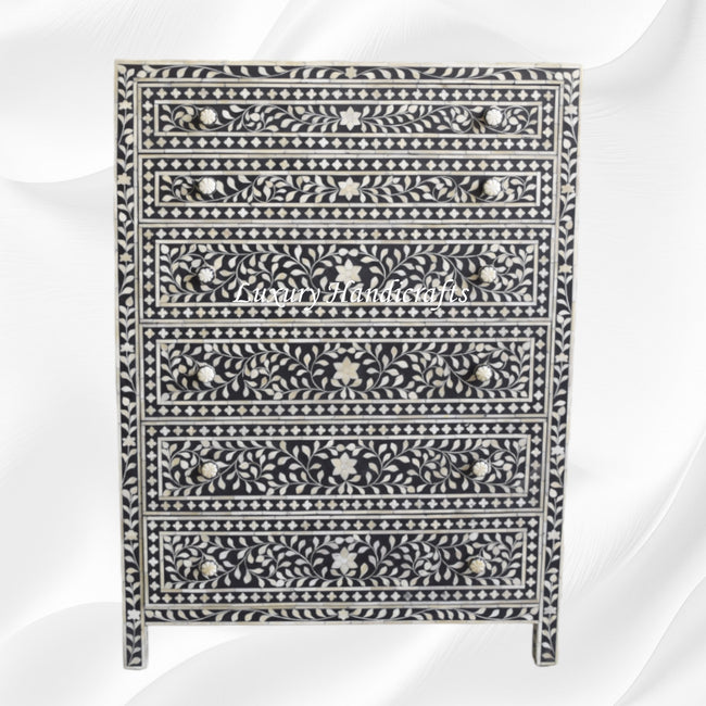 Bone Inlay 6 Drawer Chest Floral Design Black 1