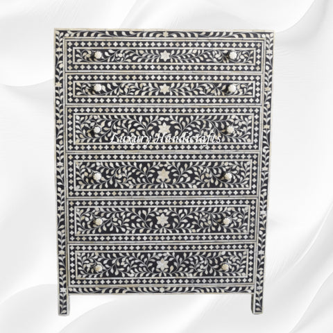Bone Inlay 6 Drawer Chest Floral Design Black