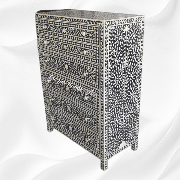 Bone Inlay 6 Drawer Chest Floral Design Black 3