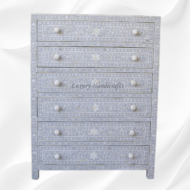 Bone Inlay 6 Drawer Chest Floral Design Dove Grey 1