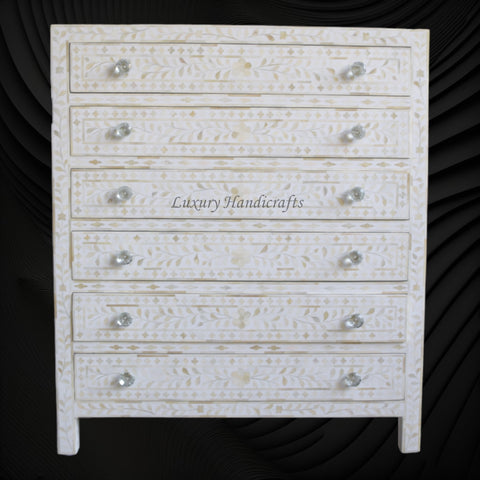 Bone Inlay 6 Drawer Chest Floral Design White