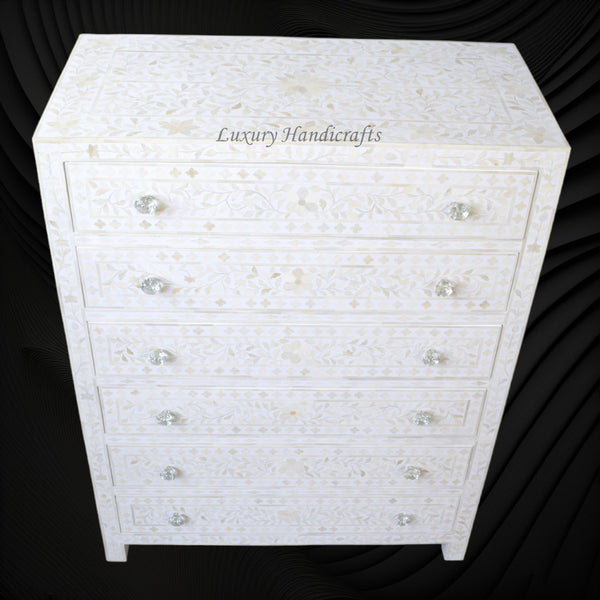 Bone Inlay 6 Drawer Chest Floral Design White