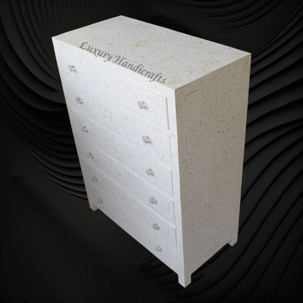 Bone Inlay 6 Drawer Chest Floral Design White