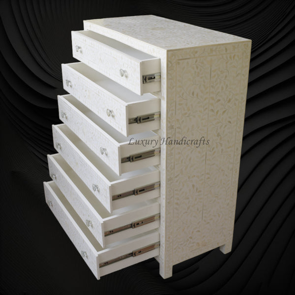 Bone Inlay 6 Drawer Chest Floral Design White