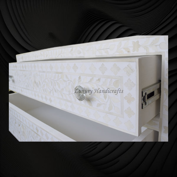 Bone Inlay 6 Drawer Chest Floral Design White
