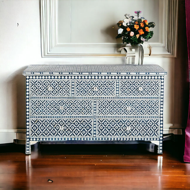 Navy Blue Bone Inlay Arctic Chest Of 7 Drawers 1