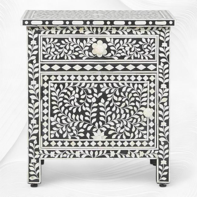 Bone Inlay Bedside Floral 1 Drawer 1 Door Black