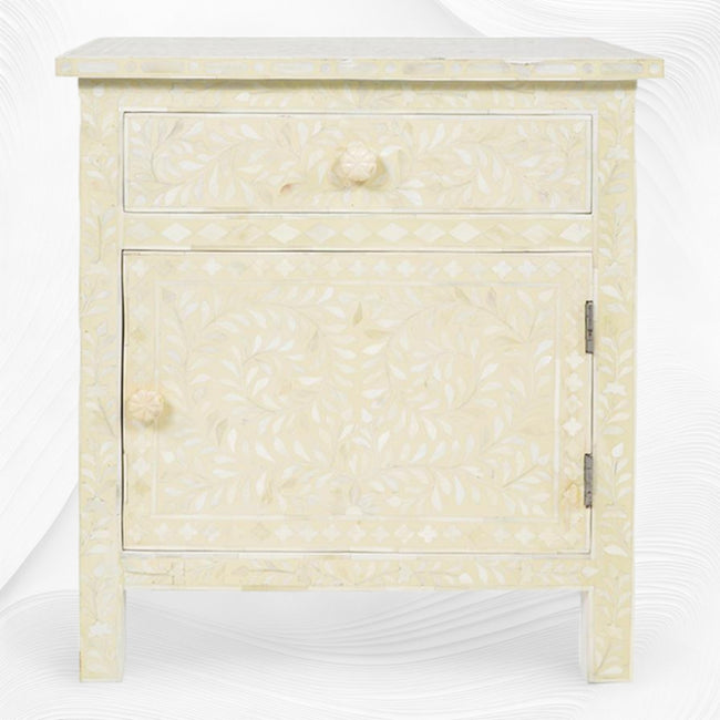 Bone Inlay Bedside Floral 1 Drawer 1 Door Biege