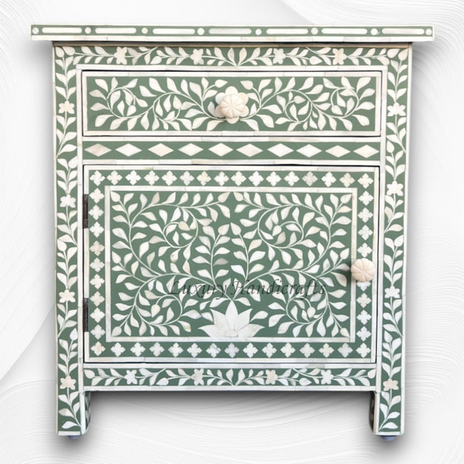Bone Inlay Bedside Floral 1 Drawer 1 Door Sage Green