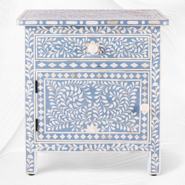 Bone Inlay Bedside Floral 1 Drawer 1 Door Light Blue