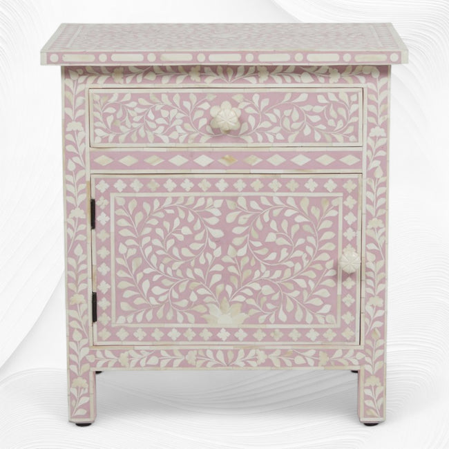 Bone Inlay Bedside Floral 1 Drawer 1 Door Blush Pink 4