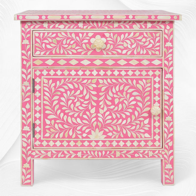 Bone Inlay Bedside Floral 1 Drawer 1 Door Pink