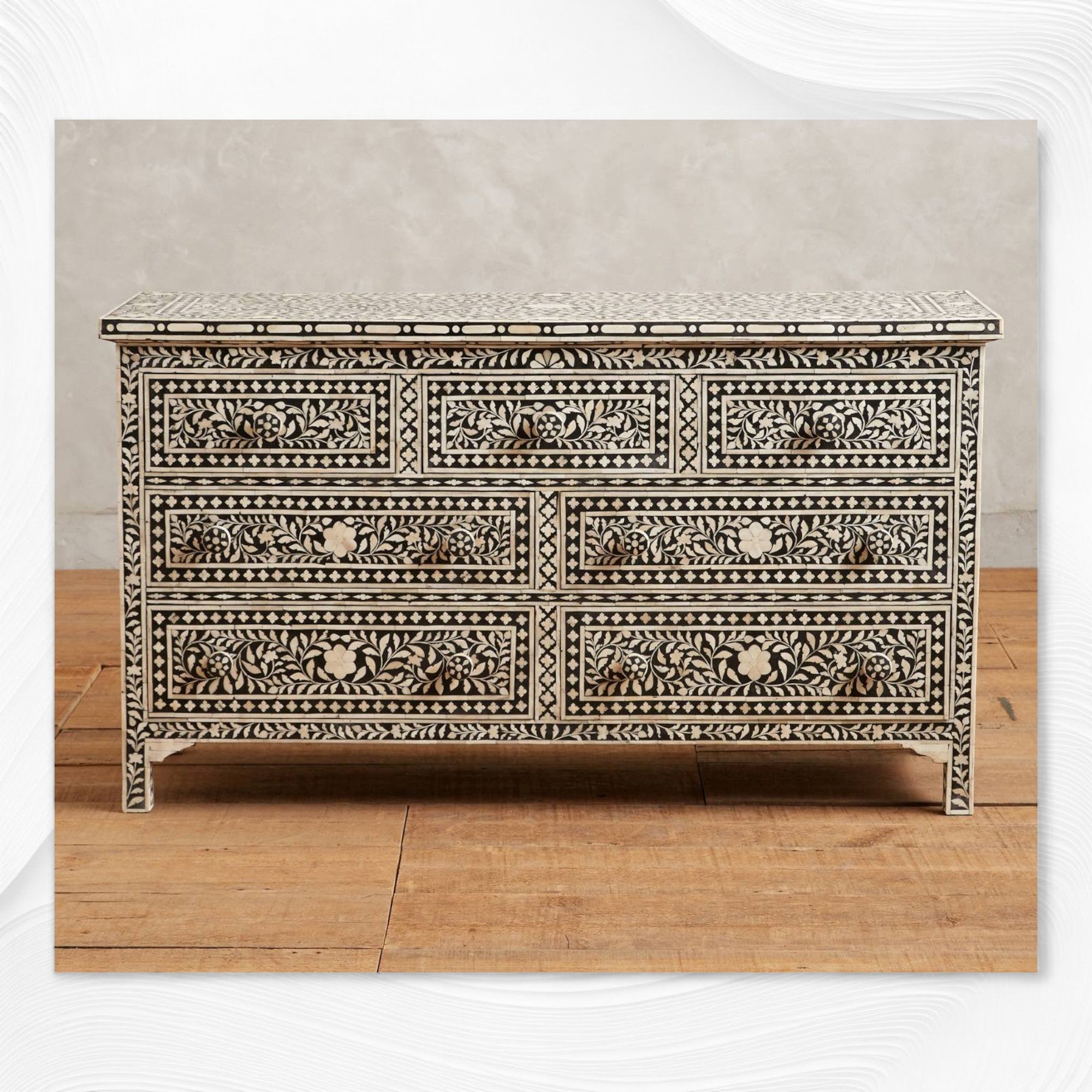 Bone Inlay Floral Chest of 7 Drawers Black – Luxury Handicraft