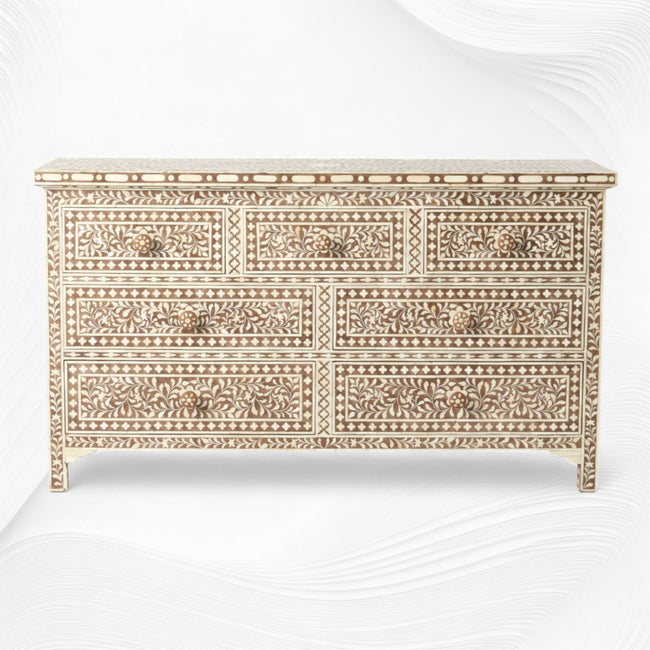 Bone Inlay Floral Chest of 7 Drawers Brown