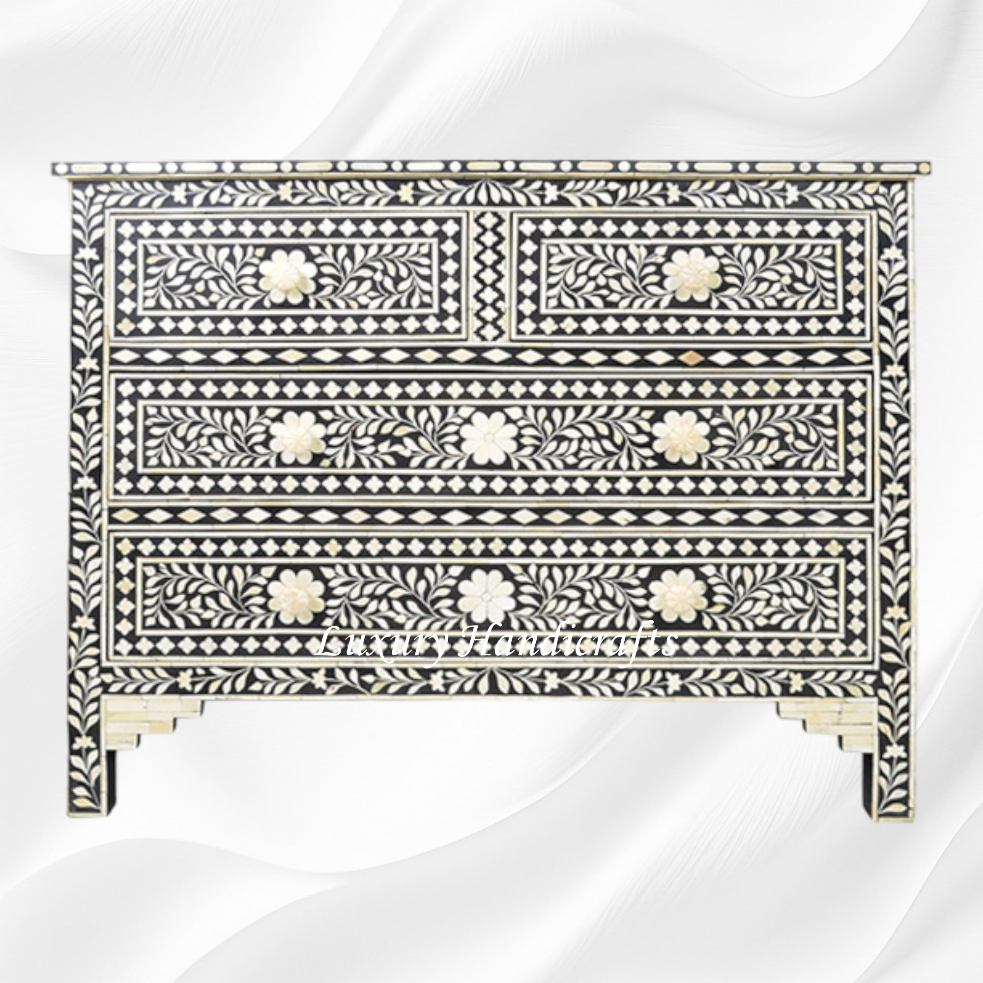 Bone Inlay Floral Chest of 4 Drawer Black