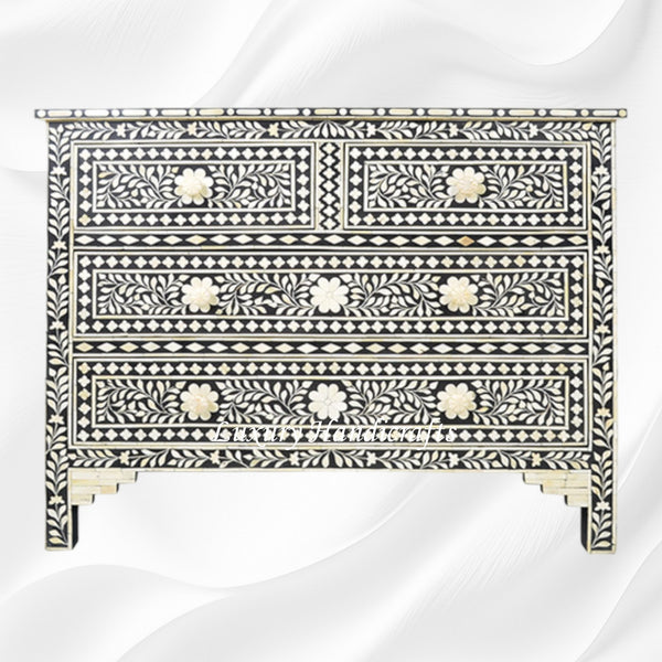 Bone Inlay Floral Chest of 4 Drawer Black