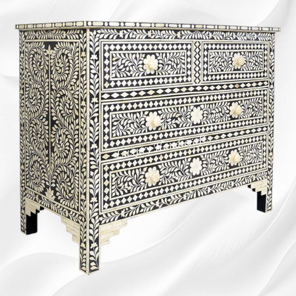 Bone Inlay Floral Chest of 4 Drawer Black